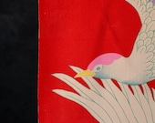 Antique Japanese Silk Chirimen Textile / Vivid Red Multicolor Phoenix Bird Kimono Fabric Scrap / Taisho Era 44.1"