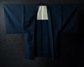 Vintage Japanese Men’s Wool Haori Jacket / Mottled Blue Black Woven Kimono Coat / Showa Era