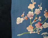 Antique Japanese Silk Chirimen Textile / Yuzen Dyed Pine, Plum Blossom & Flowing Stream Fabric / Taisho Era 59.1"