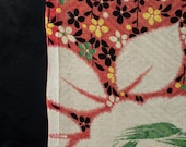 Antique Japanese Rinzu Silk Fabric Scrap / Taisho Era Floral Kimono Textile / Red Blossom Pattern 55.1"
