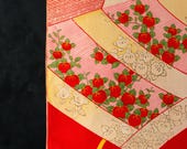 Antique Japanese Silk Textile / Red Noshi Ribbon, Peony & Tachibana Floral Pattern Fabric / Taisho Era 70.1"