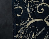 Antique Japanese Indigo Katazome Cotton Textile / Double-Sided Crane Arabesque Boro Repaired Fabric / Taisho Era 69.3"
