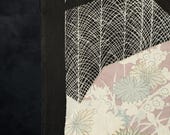 Vintage Japanese Black Silk Tomesode Textile / Folding Fan, Crane & Peony with Gold Accents Kimono Fabric Scrap 72.4"