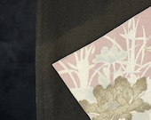 Vintage Japanese Black Silk Tomesode Textile / Folding Fan, Crane & Peony with Gold Accents Kimono Fabric Scrap 72.4"