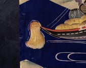 Vintage Japanese Silk Kimono Fabric Panel / Boat & Wave Motif Textile / Traditional Folk Design 33.1"