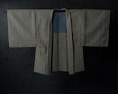Vintage Japanese Men’s Wool Haori Jacket / Charcoal Gray Micro Geometric Woven Kimono Coat / Showa Era