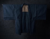 Vintage Japanese Men’s Wool Haori Jacket / Navy Blue Micro Geometric Woven Kimono Coat / Showa Era