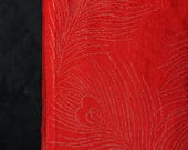 Vintage Japanese Silk Textile / Vivid Red Peacock Feather Woven Pattern with Metallic Accents Kimono Fabric Scrap 55.1"