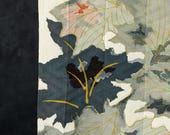 Antique Japanese Silk Rinzu Textile / Gray Maple Leaves with Gold Accents Yuzen Dyed Kimono Fabric Scrap / Taisho Era 41.7"