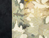Antique Japanese Silk Rinzu Textile / Gray Maple Leaves with Gold Accents Yuzen Dyed Kimono Fabric Scrap / Taisho Era 56.7"