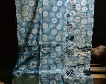 Tela japonesa de algodón, kimono vintage, parche boro antiguo, azul índigo, KATAZOME RANRU, 79,5"/EHQ37/490