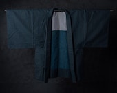 Vintage Japanese Men’s Teal Blue Wool Haori Jacket / Tiny Square Geometric Pattern Kimono Coat / Showa Era