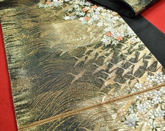 Vintage Japanese Kimono Fabric Silk FUKURO OBI Gold/Black Woven Textile 170.1"/EFX36/1010