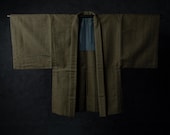 Vintage Japanese Men’s Olive Brown Wool Haori Jacket / Subtle Crosshatch Woven Pattern Kimono Coat / Showa Era