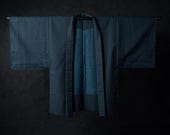 Vintage Japanese Men’s Blue Wool Haori Jacket / Tiny Square Geometric Woven Pattern Kimono Coat / Showa Era