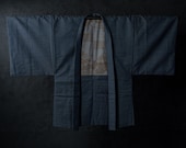 Vintage Japanese Men’s Wool Haori Jacket / Blue Micro Pattern Kimono Coat with Mt Fuji Scenic Lining / Showa Era