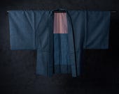 Vintage Japanese Men’s Wool Haori Jacket / Teal Blue Micro Diamond Pattern Kimono Coat with Pink Lining / Showa Era