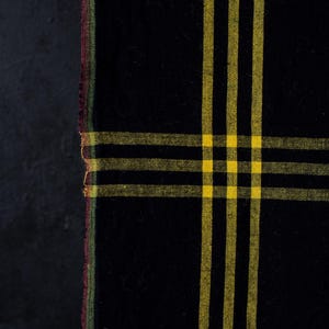 Puede incluir: Una pieza de tela negra con un patrón de cuadros amarillo que consiste en líneas verticales y horizontales que se cruzan. El borde izquierdo del tejido muestra un borde deshilachado con hilos finos rojos y verdes tejidos en el orillo.