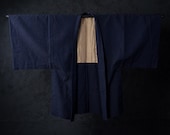 Vintage Japanese Men’s Wool Haori Jacket / Deep Navy Blue Tonal Textured Woven Kimono Coat / Showa Era