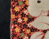 Antique Japanese Rinzu Silk Fabric Scrap / Taisho Era Floral Kimono Textile / Red Blossom Pattern 55.1"
