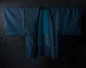 Vintage Japanese Men’s Wool Haori Jacket / Deep Blue Micro Geometric Woven Kimono Coat / Showa Era