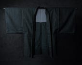 Vintage Japanese Men’s Dark Teal Blue Wool Haori Jacket / Subtle Geometric Textured Weave Kimono Coat / Showa Era