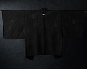 Vintage Japanese Black Silk Haori Jacket / Woven Patchwork Traditional Motif Kimono Coat with Crane Lining & Family Crest / Showa Era