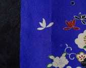 Antique Japanese Kinsha Chirimen Silk Fabric / Taisho Era Floral Kimono Textile / Blue-Purple 57.5"