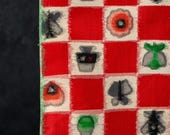 Vintage Japanese Meisen Silk Textile / Red Checkerboard & Playing Card Suit Ikat Fabric / Showa Era 45.7"