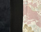 Vintage Japanese Black Silk Tomesode Textile / Folding Fan, Crane & Peony with Gold Accents Kimono Fabric Scrap 72.4"