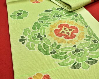Vintage Japanese Kimono Fabric Silk FUKURO OBI Gold/Lettuce green Woven Textile 166.9"/EFX42/835