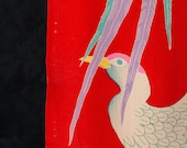 Antique Japanese Silk Chirimen Textile / Vivid Red Multicolor Phoenix Bird Kimono Fabric Scrap / Taisho Era 44.1"