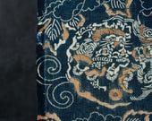 Antique Japanese Indigo Katazome Cotton Textile / Two-Tone Karajishi Lion & Peony Stencil Dyed Fabric / Meiji Era 71.7"