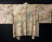Vintage Japanese Silk Shibori Haori Jacket / Abstract Geometric Pattern with Floral Bird Lining / Showa Era