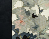 Antique Japanese Silk Rinzu Textile / Gray Maple Leaves with Gold Accents Yuzen Dyed Kimono Fabric Scrap / Taisho Era 41.7"