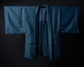 Vintage Japanese Men’s Blue Wool Haori Jacket / Slub Textured Weave Kimono Coat / Showa Era