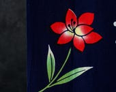Vintage Japanese Yukata Cotton Textile / Indigo Blue Red & White Floral Dyed Kimono Fabric Scrap / Showa Era 46.5"