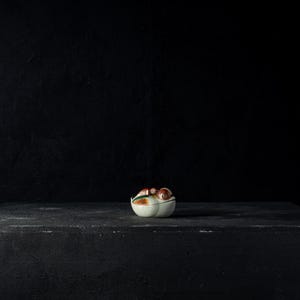 May include: A small, white ceramic dish with a lid, featuring a brown and green design. The dish is placed on a dark, textured surface against a black backdrop. The overall aesthetic is minimalist and elegant.