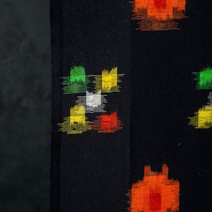 Puede incluir: Una tela negra con un patrón repetitivo de pequeños motivos de estilo pixelado. El diseño incluye cuadrados naranjas, amarillos, verdes y blancos con bordes suaves y difusos, creando una apariencia texturizada sobre la superficie oscura.