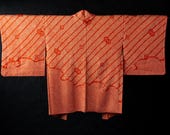 Vintage Japanese Silk Shibori Haori Jacket / Kanoko Tie-Dye Diagonal Stream & Floral Motif Kimono Coat / Showa Era