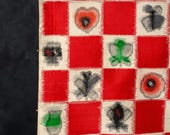 Vintage Japanese Meisen Silk Textile / Red Checkerboard & Playing Card Suit Ikat Fabric / Showa Era 45.7"