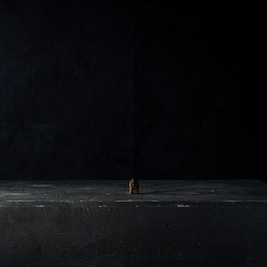 May include: A small, brown object stands on a dark gray, rectangular surface against a black backdrop. The surface appears to be made of concrete or a similar material. The lighting is dim, creating a dramatic effect.