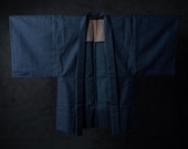 Vintage Japanese Men’s Navy Blue Wool Haori Jacket / Subtle Textured Woven Pattern Kimono Coat / Showa Era