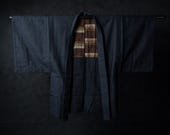 Vintage Japanese Men’s Navy Blue Wool Haori Jacket / Fine Textured Weave with Striped Lining / Showa Era