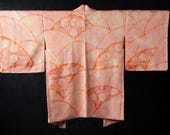 Vintage Japanese Silk Shibori Haori Jacket / Fan & Seigaiha Wave Pattern Kimono Coat / Showa Era