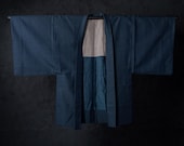Vintage Japanese Men’s Blue Wool Haori Jacket / Tiny Geometric Woven Pattern Kimono Coat / Showa Era