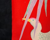 Antique Japanese Silk Chirimen Textile / Vivid Red Multicolor Phoenix Bird Kimono Fabric Scrap / Taisho Era 58.3"