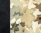 Antique Japanese Silk Rinzu Textile / Gray Maple Leaves with Gold Accents Yuzen Dyed Kimono Fabric Scrap / Taisho Era 56.7"