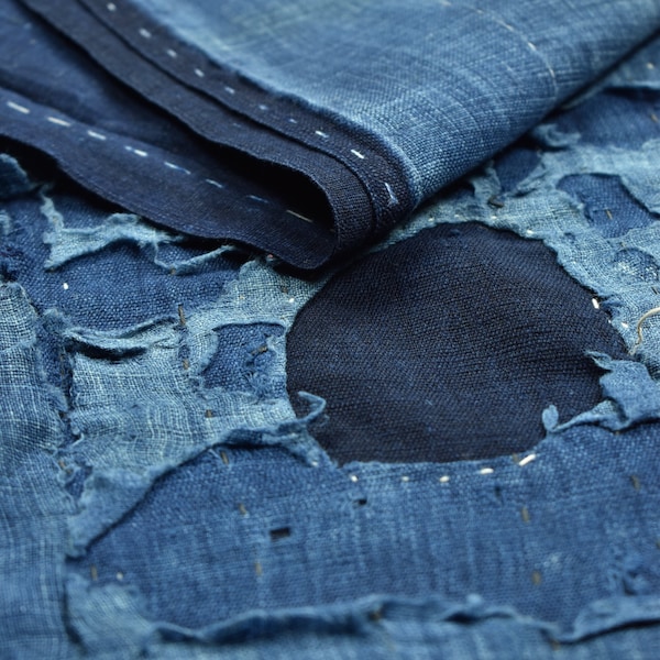 Tissu japonais vintage kimono textile coton écusson boro antique bleu indigo RANRU 81,5"/EHG61/160