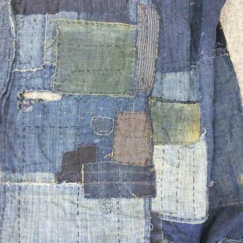 Tissu Coton Indigo Japonais Kasuri Vintage - Motif Ethnique Boro/Sashiko - Moins D'1 Yard